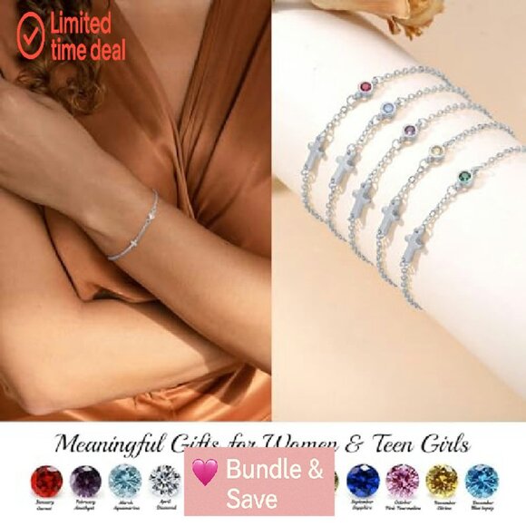 Dainty Gold Cross Bracelet with Birthstone, 6.5" + 2" Extender - Picture 4 of 8